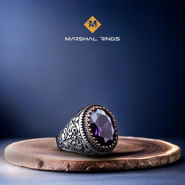 خاتم فضة رجالي بنمط اللبلاب وحجر جمشت - تصميم مميز (عيار 925) - متجر المارشال للخواتم الرجالية 1