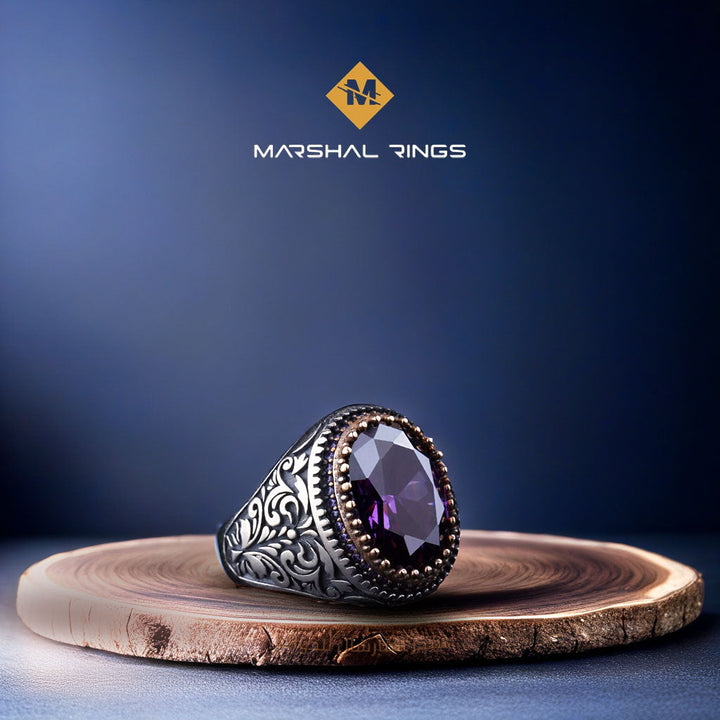 خاتم فضة رجالي بنمط اللبلاب وحجر جمشت - تصميم مميز (عيار 925) - متجر المارشال للخواتم الرجالية 1