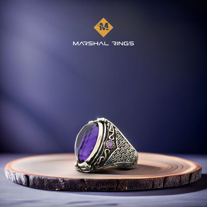 خاتم فضة رجالي بحجر جمشت وتصميم مخلب النسر - قوة وأناقة (عيار 925) - متجر المارشال للخواتم الرجالية 1