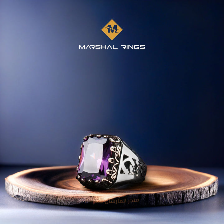 خاتم فضة رجالي فاخر بحجر جمشت - فخامة وتألق (عيار 925) - متجر المارشال للخواتم الرجالية 1