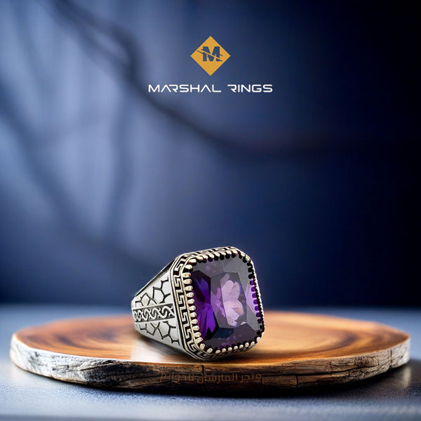 خاتم فضة رجالي أنيق بحجر جمشت - تصميم فاخر (عيار 925) - متجر المارشال للخواتم الرجالية 1