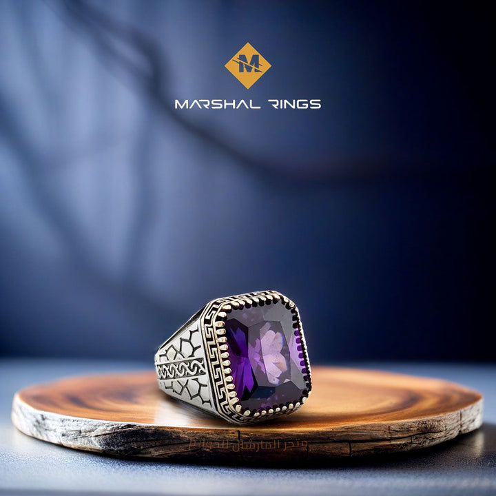 خاتم فضة رجالي أنيق بحجر جمشت - تصميم فاخر (عيار 925) - متجر المارشال للخواتم الرجالية 1