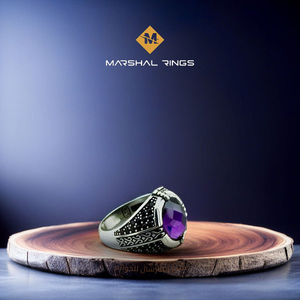 خاتم فضة رجالي أنيق بحجر جمشت - تصميم مميز (عيار 925) - متجر المارشال للخواتم الرجالية 1