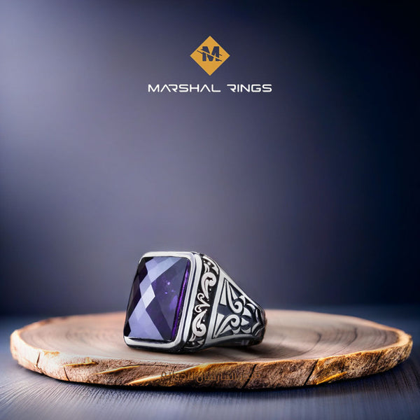 خاتم فضة رجالي بحجر جمشت - لمسة فخامة ملكية (عيار 925) - متجر المارشال للخواتم الرجالية 1