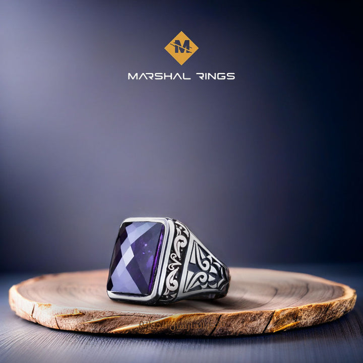 خاتم فضة رجالي بحجر جمشت - لمسة فخامة ملكية (عيار 925) - متجر المارشال للخواتم الرجالية 1