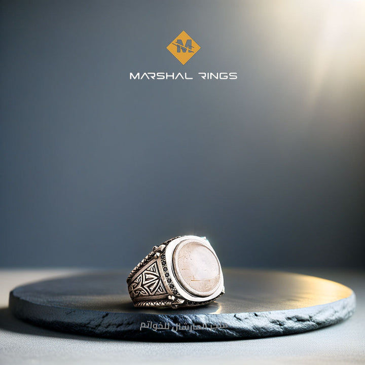 خاتم فضة رجالي 925 مرصع بحجر الكوارتز الروتيل الطبيعي بتصميم عصري فاخر - متجر المارشال للخواتم الرجالية 1