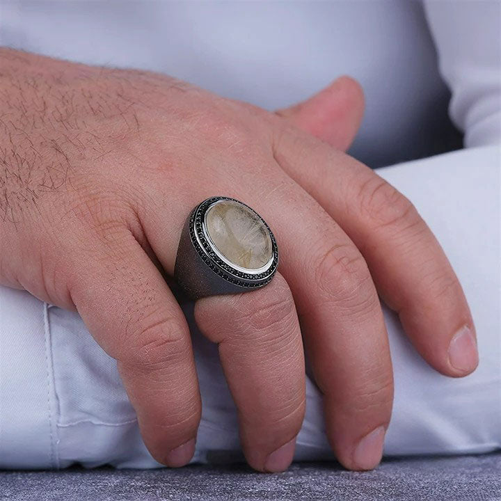 خاتم فضة رجالي 925 مرصع بحجر الكوارتز الروتيل بتصميم كلاسيكي - متجر المارشال للخواتم الرجالية 5