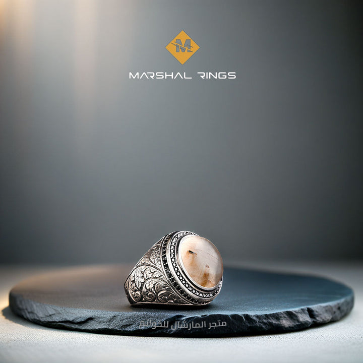 خاتم فضة رجالي 925 مرصع بحجر الكوارتز الروتيل الطبيعي مزين بإطار كلاسيكي - متجر المارشال للخواتم الرجالية 1