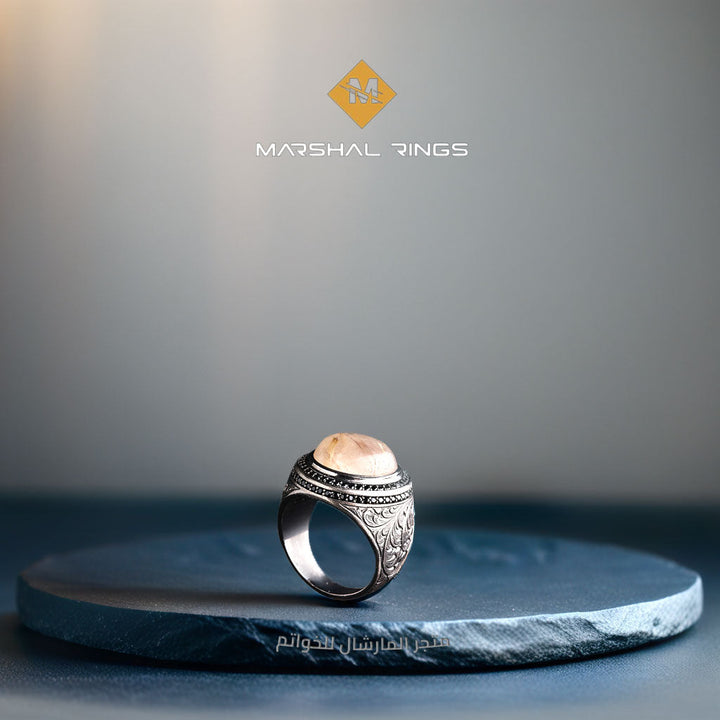 خاتم فضة رجالي 925 مرصع بحجر الكوارتز الروتيل الطبيعي مزين بإطار كلاسيكي - متجر المارشال للخواتم الرجالية 2