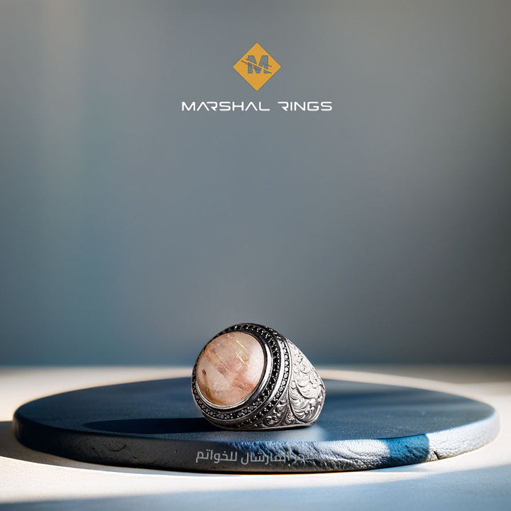 خاتم فضة رجالي 925 مرصع بحجر الكوارتز الروتيل الطبيعي مزين بإطار كلاسيكي - متجر المارشال للخواتم الرجالية 3