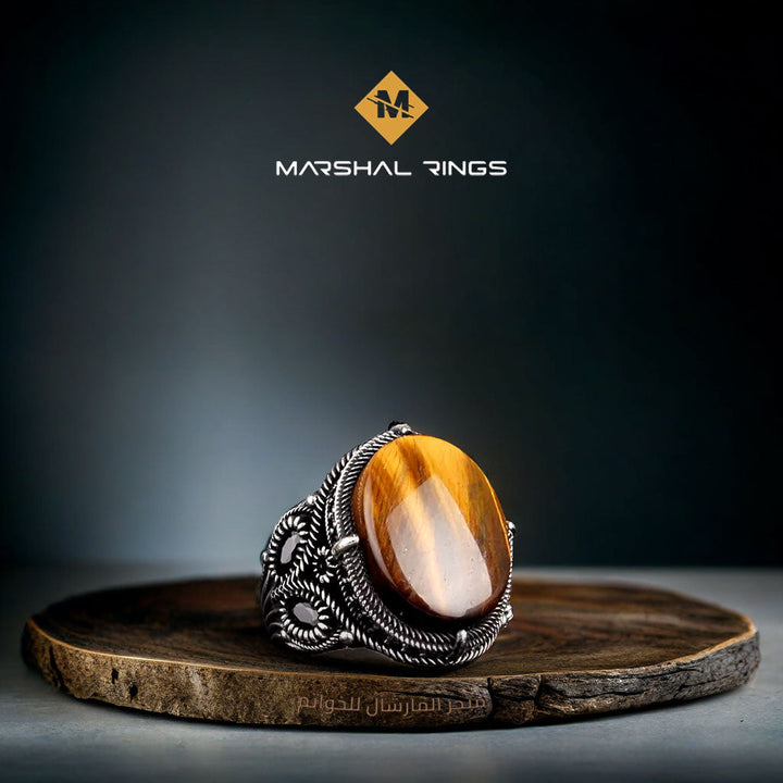 خاتم فضة رجالي 925 فاخر بحجر عين النمر الطبيعي - تصميم مزخرف - متجر المارشال للخواتم الرجالية 1
