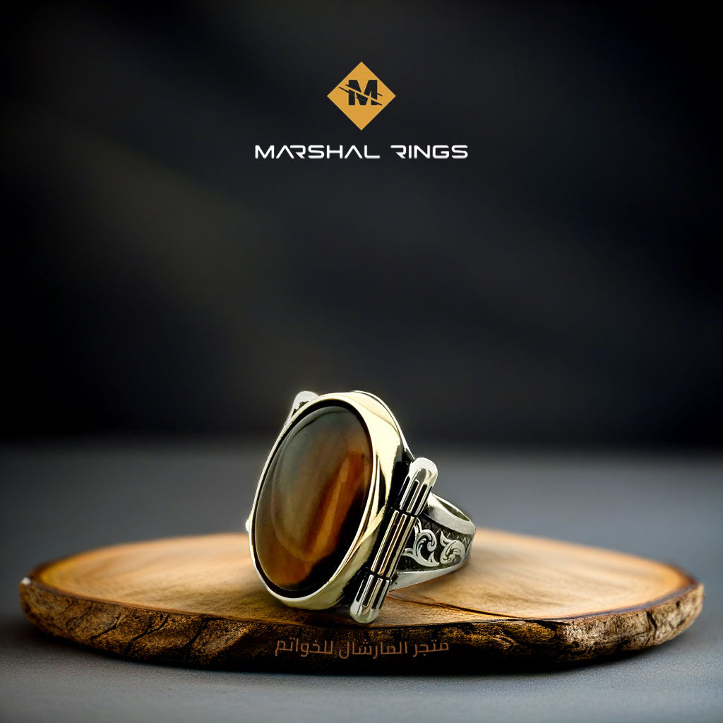 Men's silver ring 925 with an oval tiger's eye stone within a rhodium ...
