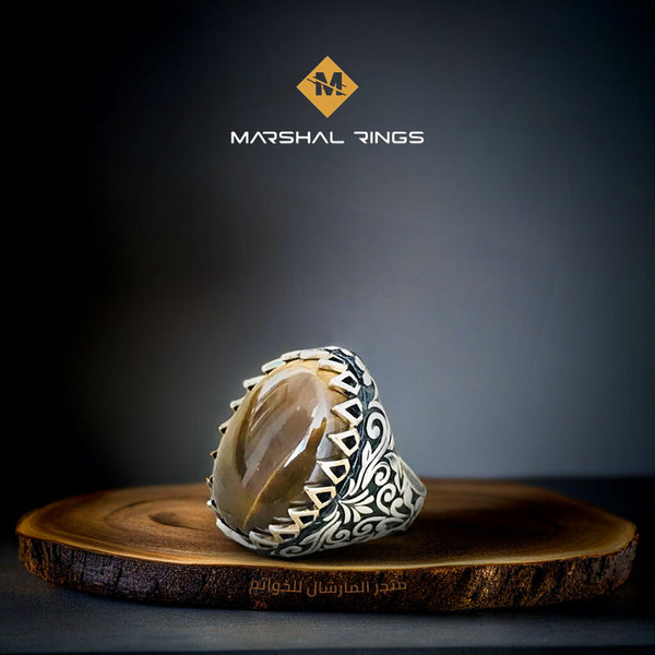 خاتم فضة رجالي 925 فاخر بحجر عين النمر البني - تصميم أنيق - متجر المارشال للخواتم الرجالية 1