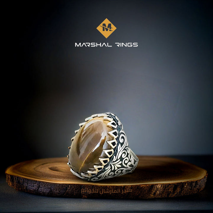 خاتم فضة رجالي 925 فاخر بحجر عين النمر البني - تصميم أنيق - متجر المارشال للخواتم الرجالية 1