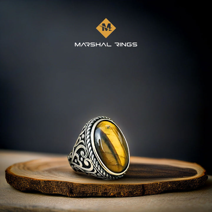 خاتم فضة رجالي 925 كلاسيكي بحجر عين النمر - تصميم عتيق - متجر المارشال للخواتم الرجالية 1