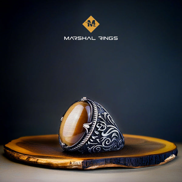 خاتم فضة رجالي 925 فاخر بحجر عين النمر المنقوش - أناقة شرقية عصرية - متجر المارشال للخواتم الرجالية 1