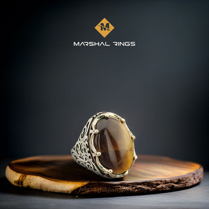 خاتم فضة رجالي 925 أنيق بحجر عين النمر - تصميم زخرفي دقيق - متجر المارشال للخواتم الرجالية 1