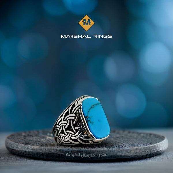 خاتم فضة رجالي 925 أنيق بحجر فيروز ونقوش فضية متشابكة  - متجر المارشال للخواتم الرجالية 1