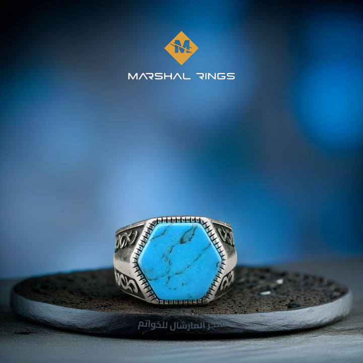 خاتم فضة رجالي 925 مميز بحجر فيروز سداسي وتصميم فضي بنقوش أنيقة  - متجر المارشال للخواتم الرجالية 2