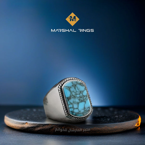 خاتم فضة رجالي 925 أنيق بحجر فيروز - قوة التراث بلمسة عصرية  - متجر المارشال للخواتم الرجالية 1
