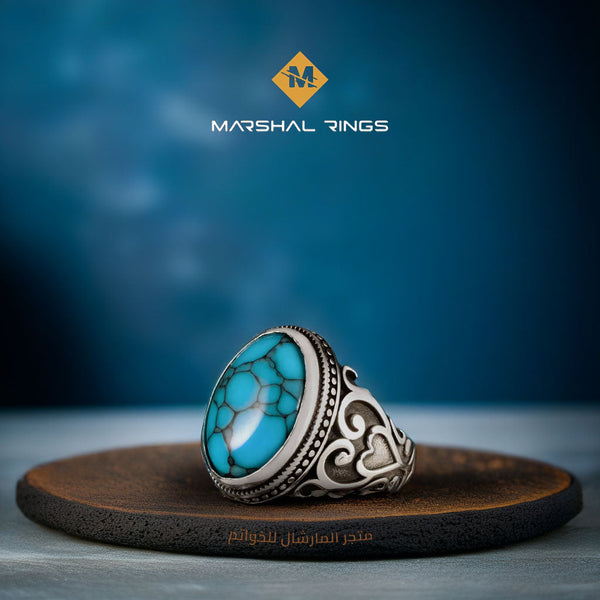 خاتم فضة رجالي 925 بحجر فيروزي مميز - قوة التراث بلمسة عصرية - متجر المارشال للخواتم الرجالية 1