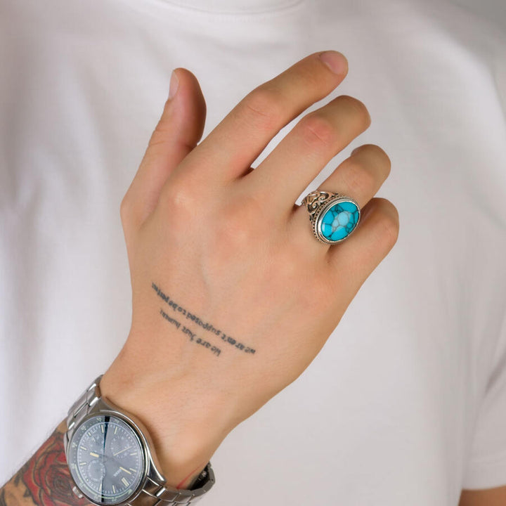 خاتم فضة رجالي 925 بحجر فيروزي مميز - قوة التراث بلمسة عصرية - متجر المارشال للخواتم الرجالية 2
