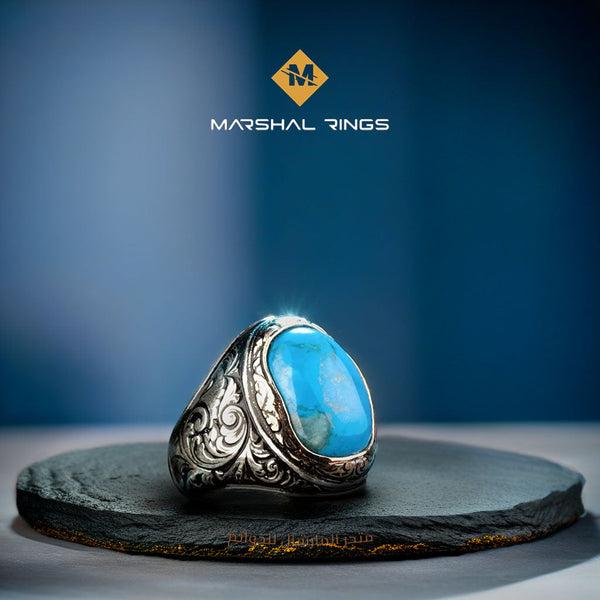 خاتم فضة رجالي 925 مرصع بحجر فيروز - تصميم مقبض السيف - متجر المارشال للخواتم الرجالية 1