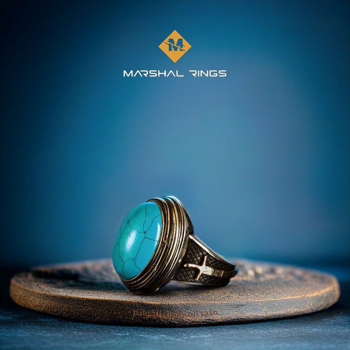 خاتم فضة رجالي 925 فاخر بحجر فيروز مربع - أصالة وفخامة - متجر المارشال للخواتم الرجالية 1