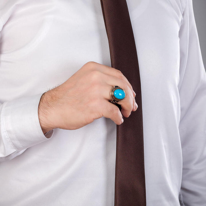 خاتم فضة رجالي 925 فاخر بحجر فيروز مربع - أصالة وفخامة - متجر المارشال للخواتم الرجالية 4