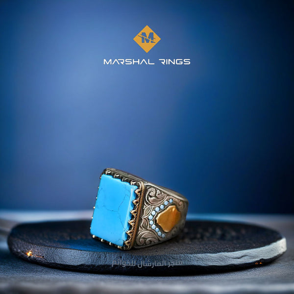 خاتم فضة رجالي 925 فاخر بحجر فيروز - تصميم فني يعكس التراث والتميز - متجر المارشال للخواتم الرجالية 1