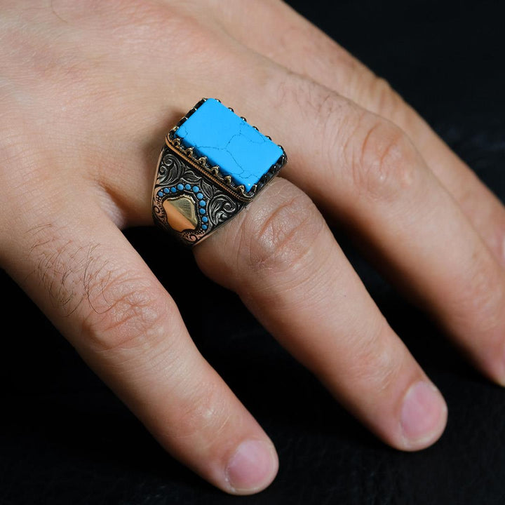 خاتم فضة رجالي 925 فاخر بحجر فيروز - تصميم فني يعكس التراث والتميز - متجر المارشال للخواتم الرجالية 2
