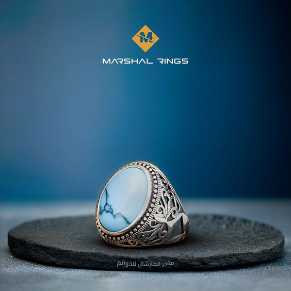 خاتم فضة رجالي 925 فاخر بحجر فيروز أزرق - أصالة وأناقة - متجر المارشال للخواتم الرجالية 1