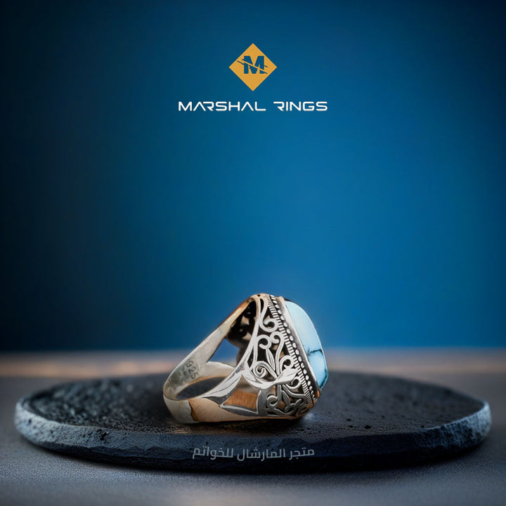 خاتم فضة رجالي 925 فاخر بحجر فيروز أزرق - أصالة وأناقة - متجر المارشال للخواتم الرجالية 2