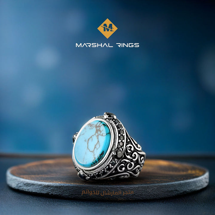 خاتم فضة رجالي 925 بنقوش أنيقة وحجر فيروز - فخامة شرقية - متجر المارشال للخواتم الرجالية 1