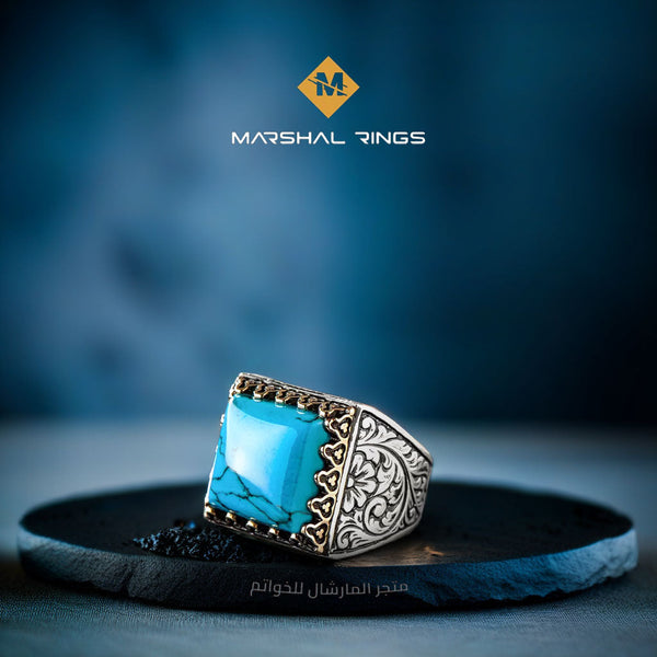 خاتم فضة رجالي 925 فاخر بحجر فيروزي وإطار منقوش - تصميم أنيق - متجر المارشال للخواتم الرجالية 1