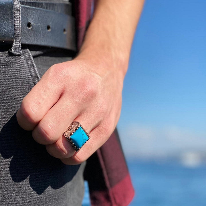 Men's 925 silver ring set with square turquoise stone in a decorative ...