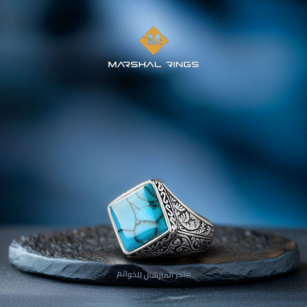 خاتم فضة رجالي 925 ملكي بحجر فيروزي فاخر - متجر المارشال للخواتم الرجالية 1