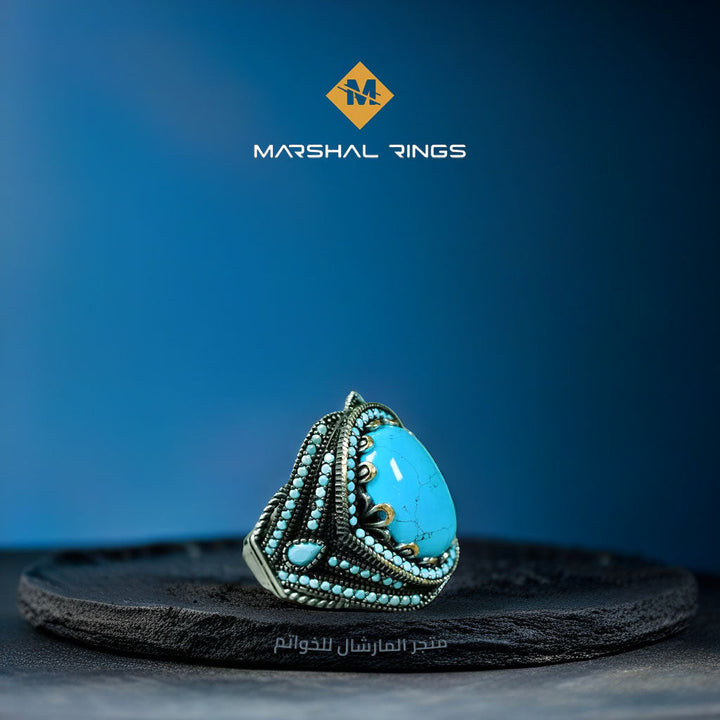 خاتم فضة رجالي 925 فاخر بحجر فيروز - تصميم معتق - متجر المارشال للخواتم الرجالية 1