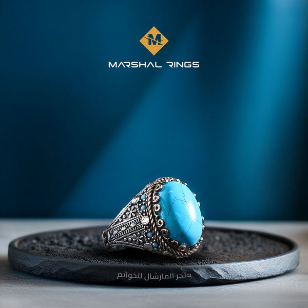 خاتم فضة رجالي 925 فاخر بحجر فيروز - تصميم معتق - متجر المارشال للخواتم الرجالية 1