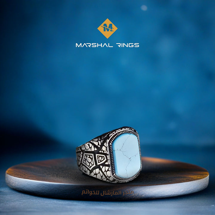 خاتم فضة رجالي 925 فاخر بحجر فيروز - تصميم فني يعكس التراث والتميز - متجر المارشال للخواتم الرجالية 1