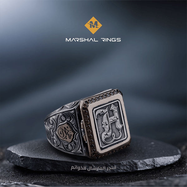 خاتم فضة 925 رجالي مربع كلاسيكي مع نقوش آية الكرسي - متجر المارشال للخواتم الرجالية 1