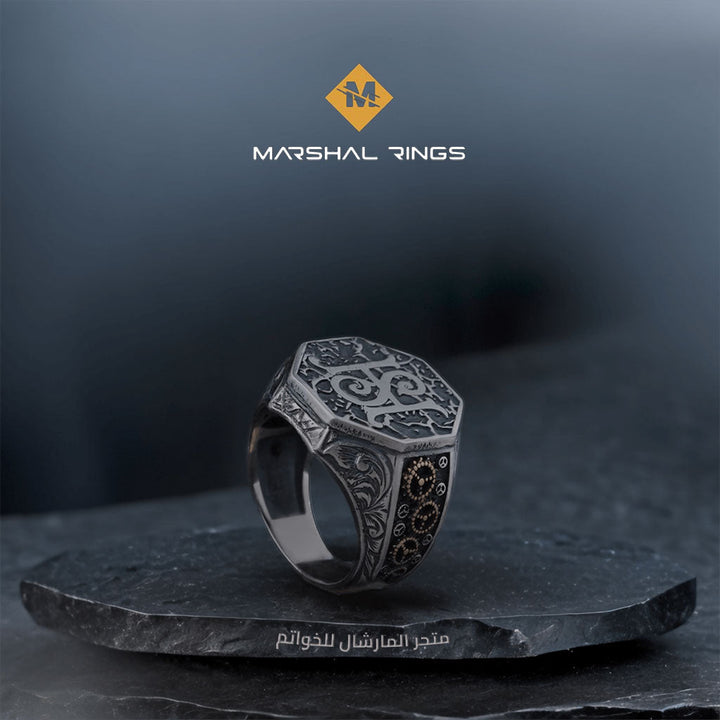 خاتم فضة 925 رجالي ثماني الأضلاع بنقوش هندسية فاخرة - متجر المارشال للخواتم الرجالية 2
