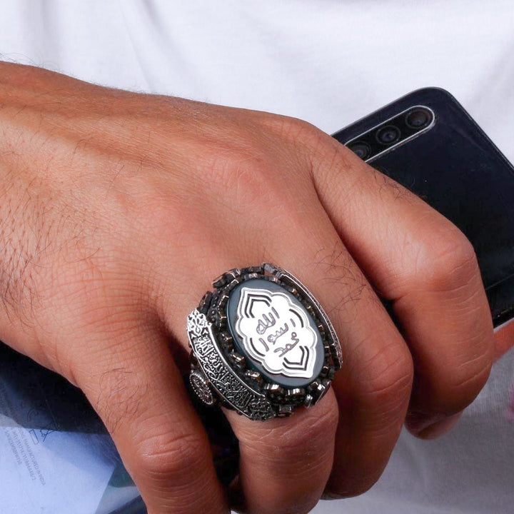 خاتم فضة رجالي بنقش "محمد رسول الله" - تصميم عصري (عيار 925) - متجر المارشال للخواتم الرجالية 3