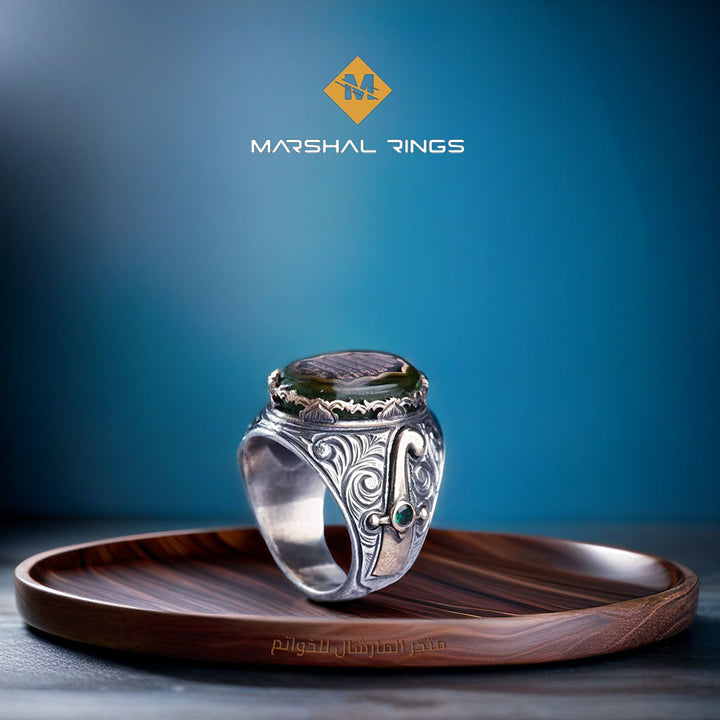 خاتم فضة رجالي مرصع بحجر الكهرمان منقوش بآية الكرسي - تصميم اسلامي (عيار 925) - متجر المارشال للخواتم الرجالية 2