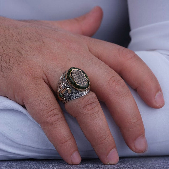 خاتم فضة رجالي مرصع بحجر الكهرمان منقوش بآية الكرسي - تصميم اسلامي (عيار 925) - متجر المارشال للخواتم الرجالية 3