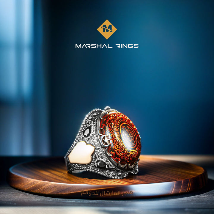خاتم فضة رجالي بحجر عنبر ونقش آية الكرسي (عيار 925) - متجر المارشال للخواتم الرجالية 2
