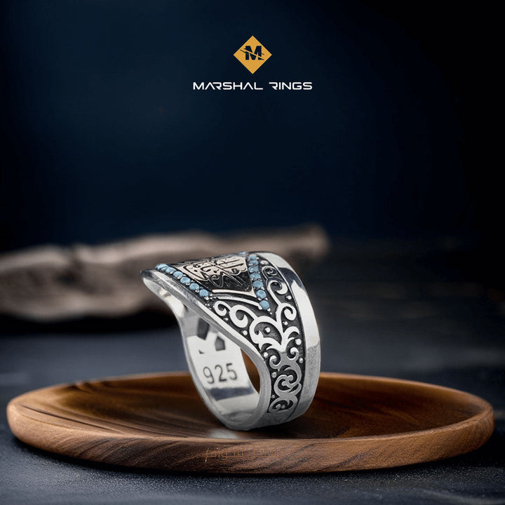 خاتم فضة 925 رجالي فاخر بحجر فيروز وتصميم عثماني بنقش "كفى بالموت واعظا" - متجر المارشال للخواتم الرجالية 2