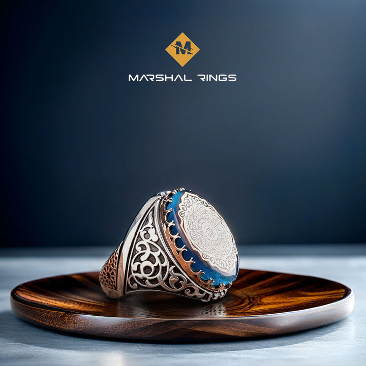 خاتم فضة 925 رجالي ملكي مرصع بحجر الكهرمان منقوش بسورة الانشراح - متجر المارشال للخواتم الرجالية 1