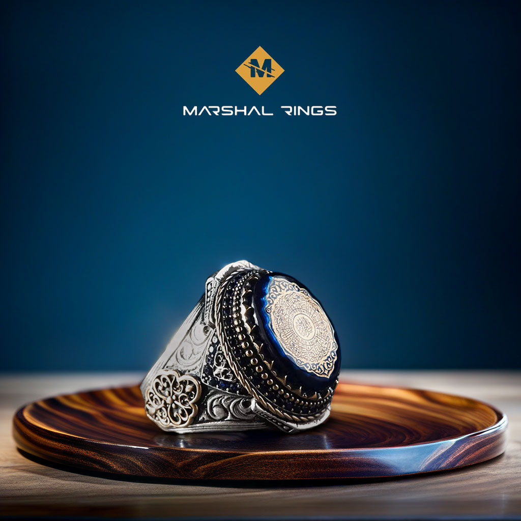 Men's 925 Silver Royal Ring set with an amber stone engraved with Surah ...