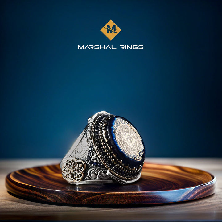 خاتم فضة 925 رجالي ملكي مرصع بحجر الكهرمان منقوش بسورة الانشراح - متجر المارشال للخواتم الرجالية 1